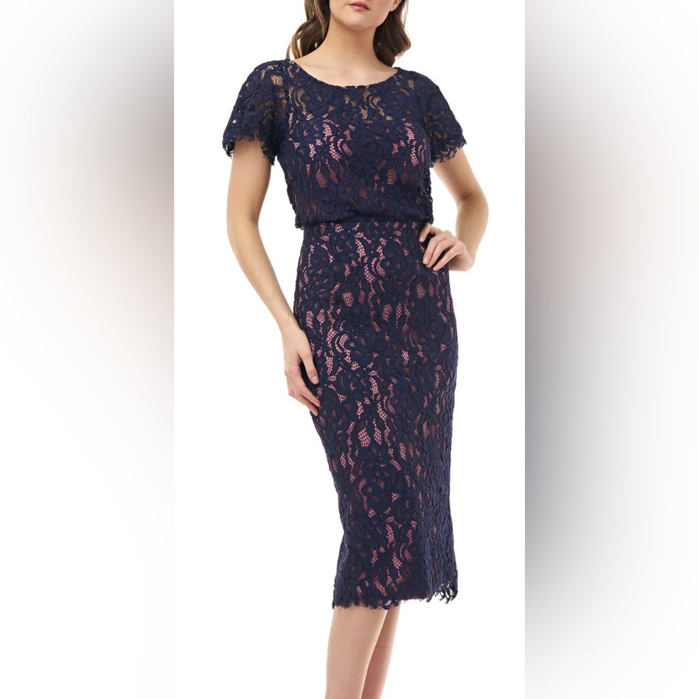 JS Collection Size 10 Navy Blue Floral Lace Rose Liner Short Sleeve Shea…